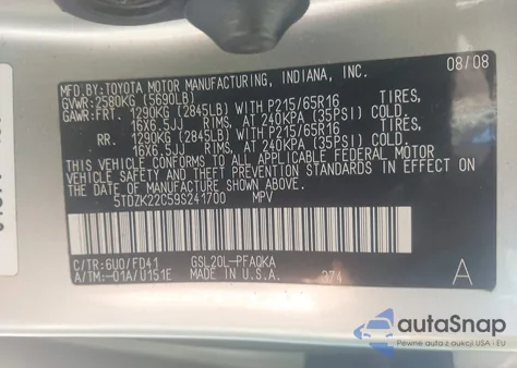 2009 Toyota Sienna Xle из США, поврежденный, VIN 5TDZK22C59S241700